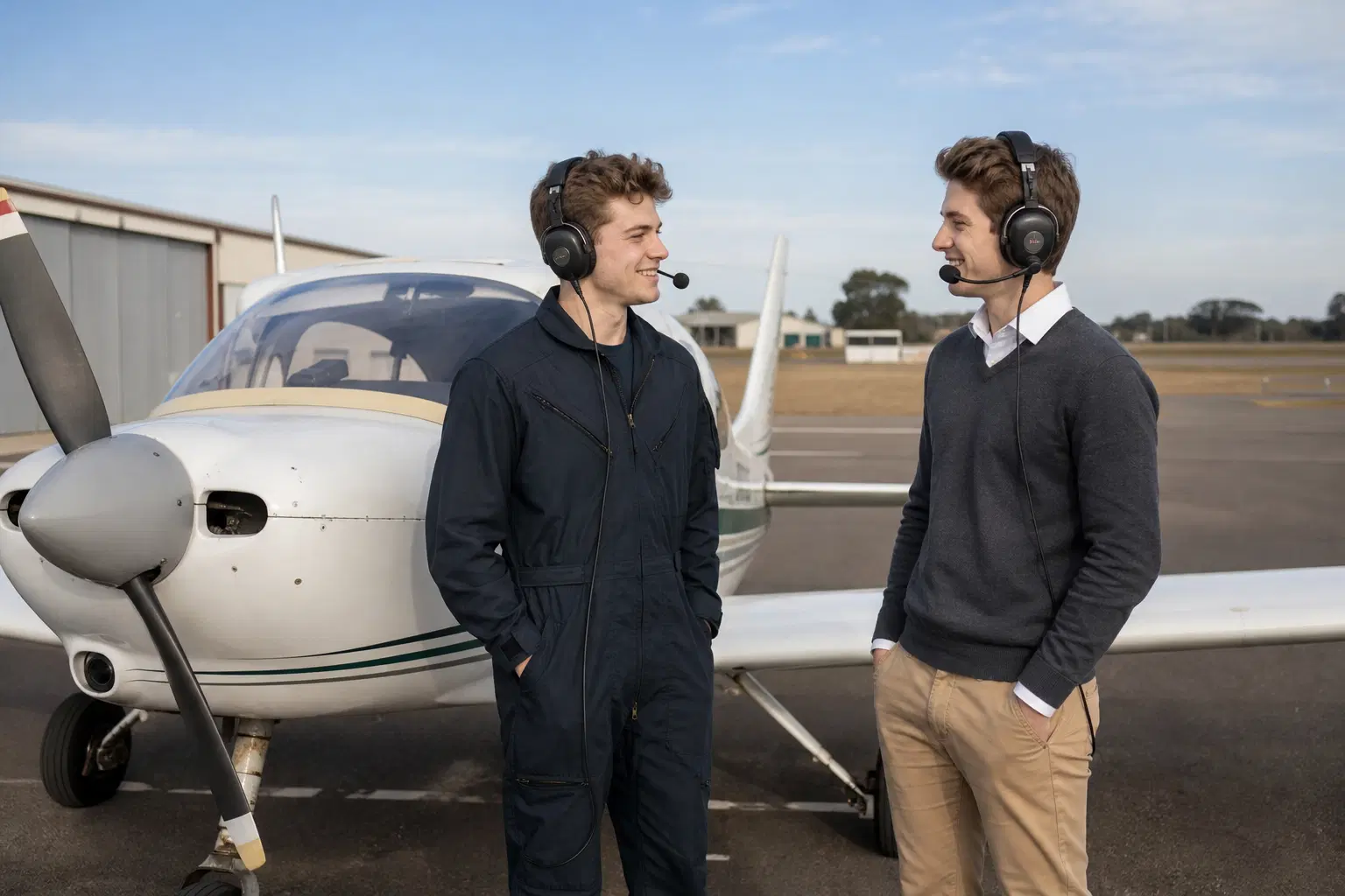 Pilot students and training aircraft at an airfield setting